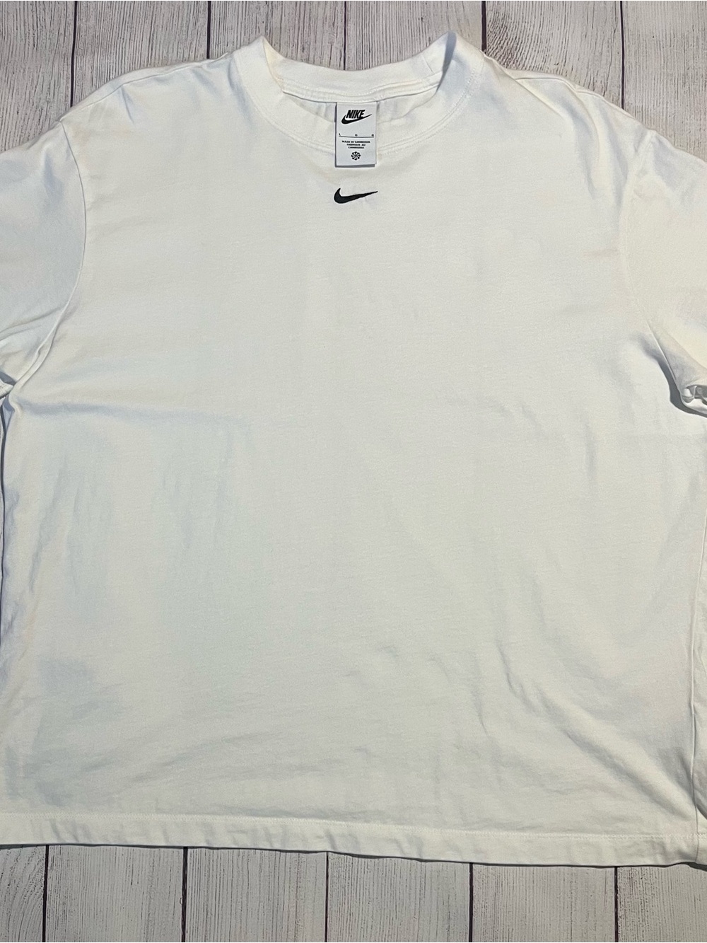 Nike White Short Sleeve Crew with Black Swoosh size L